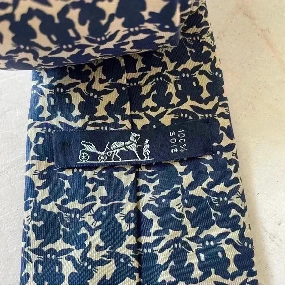 HERMES Men's Necktie Tie Silk High Brand All Over Easter Rabbit Pattern Blue - Picture 8 of 11